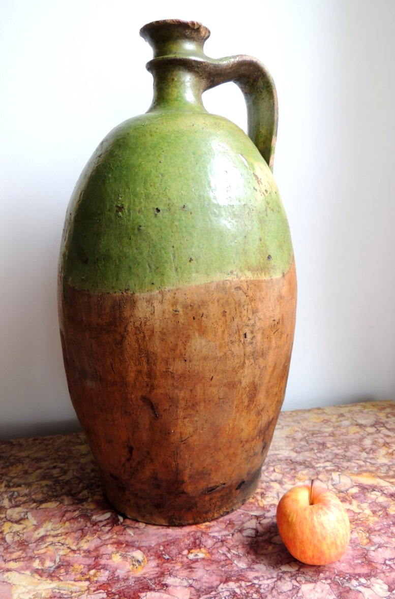 Large Glazed Pottery , Oil Jug , Terracotta From Charente Chapelle Des Pots , 18th Century