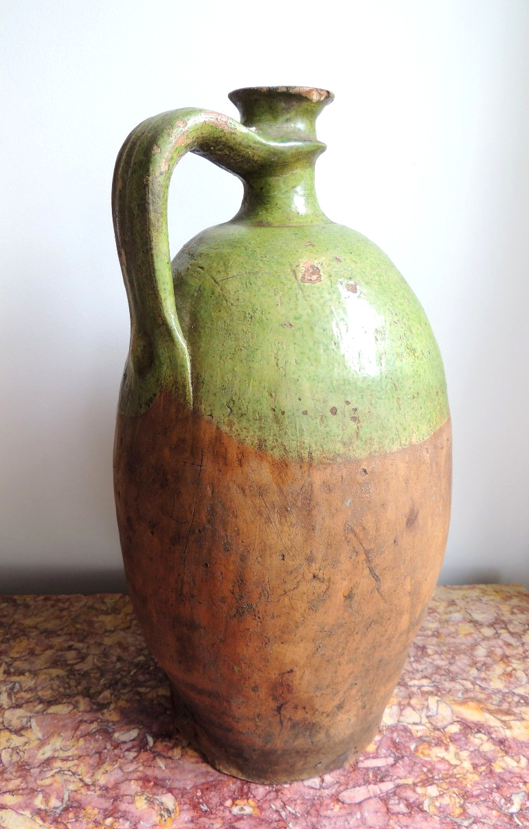 Large Glazed Pottery , Oil Jug , Terracotta From Charente Chapelle Des Pots , 18th Century