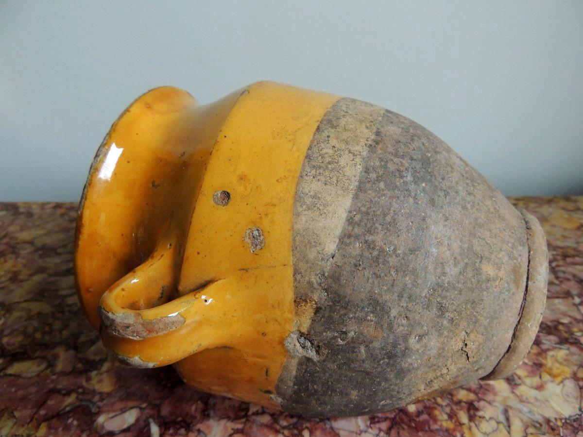 poterie vernissée du sud ouest " Marmande" , pot à graisse ou  à confit , art poulaire , 19 ème-photo-2