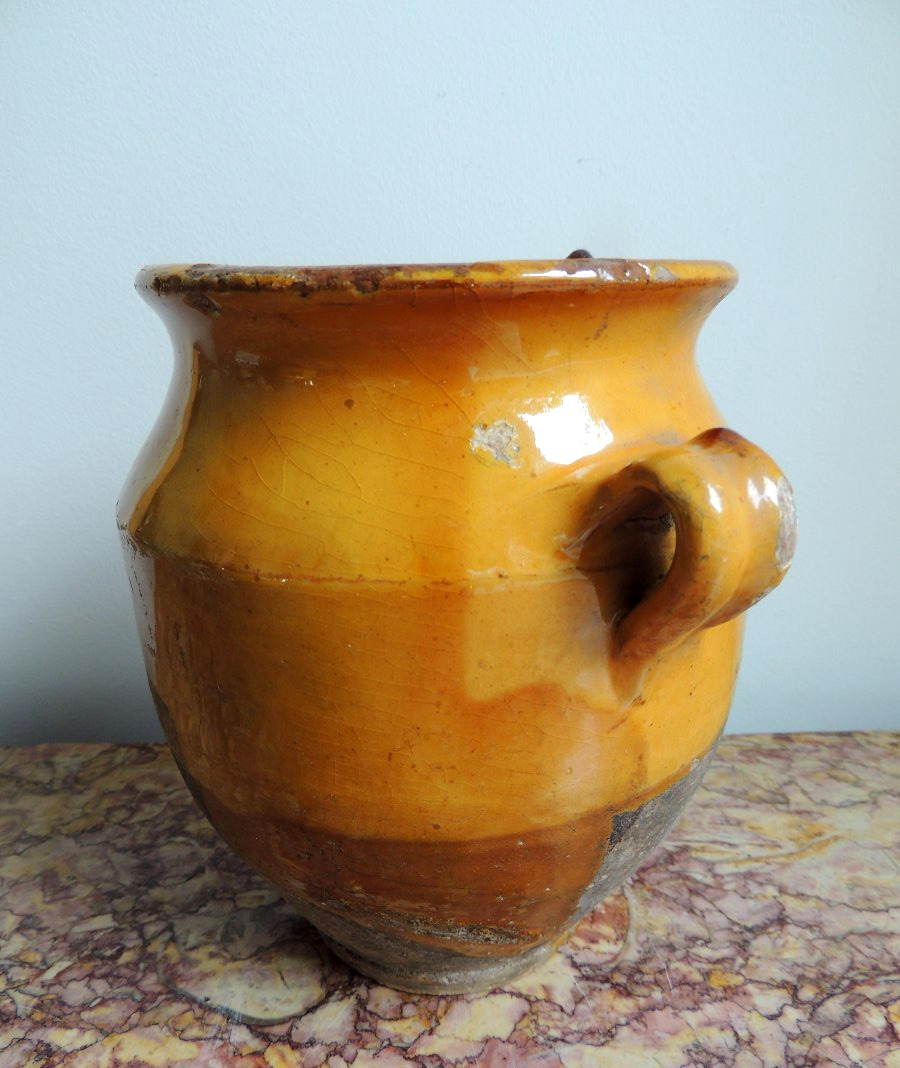poterie vernissée du sud ouest " Marmande" , pot à graisse ou  à confit , art poulaire , 19 ème-photo-4