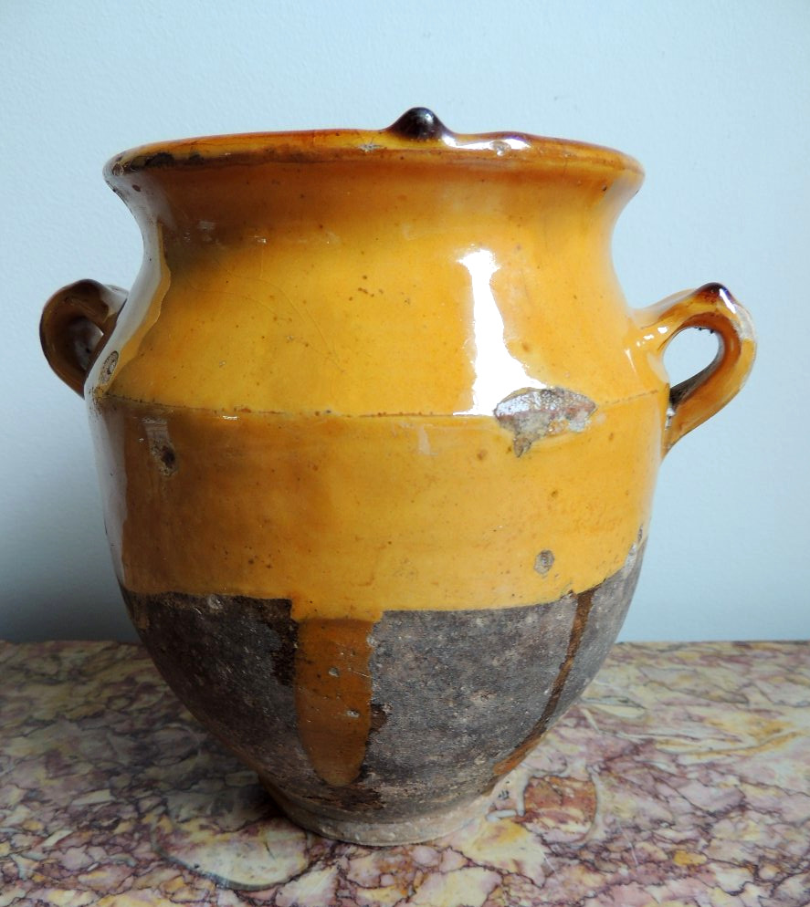 poterie vernissée du sud ouest " Marmande" , pot à graisse ou  à confit , art poulaire , 19 ème-photo-1
