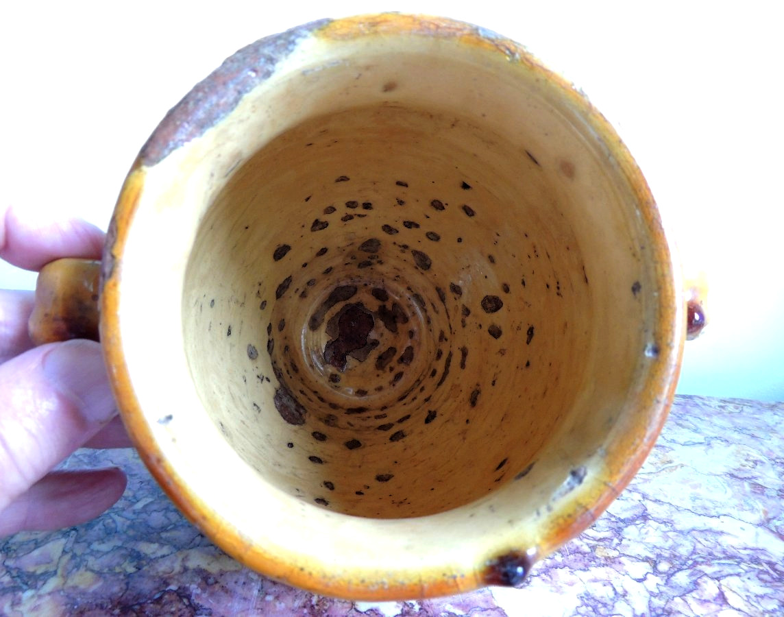 poterie vernissée du sud ouest " Marmande" , pot à graisse ou  à confit , art poulaire , 19 ème-photo-2