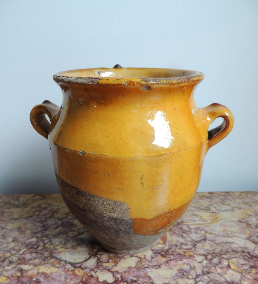 poterie vernissée du sud ouest " Marmande" , pot à graisse ou  à confit , art poulaire , 19 ème