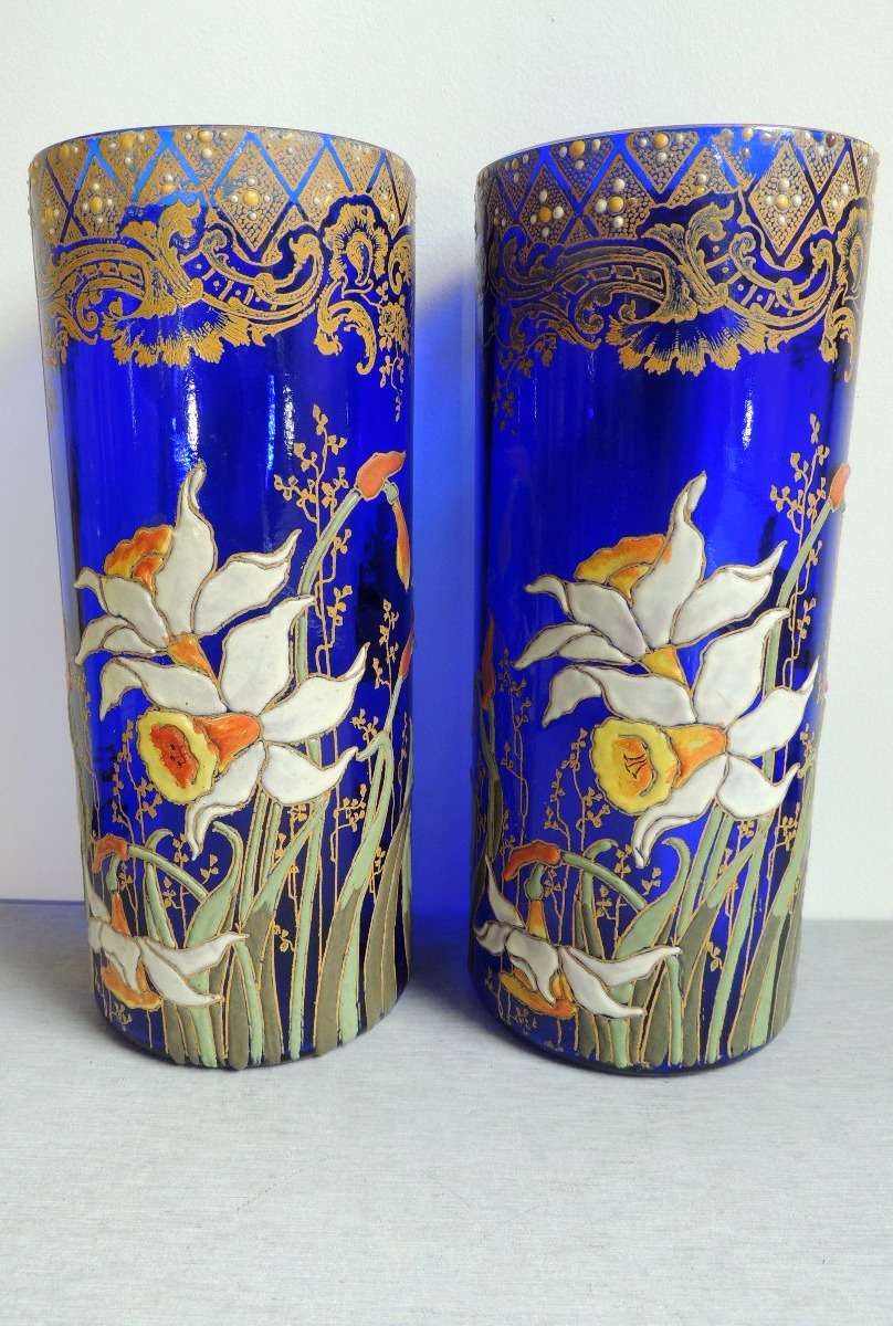 Enameled Glass Vases On A Navy Blue Background, Scroll Vases With Pearled Gilded Iris Decoration, 20th Century-photo-2