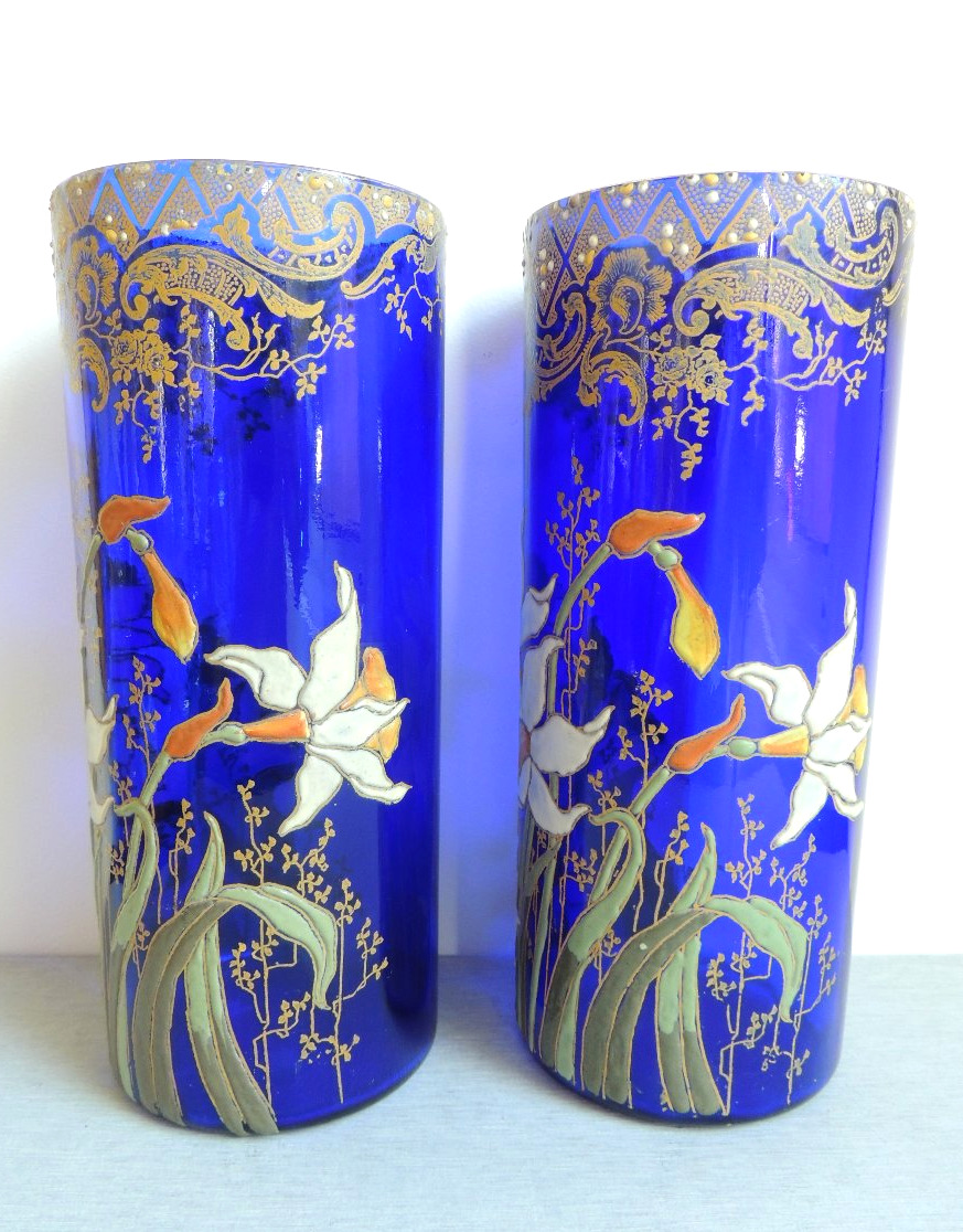 Enameled Glass Vases On A Navy Blue Background, Scroll Vases With Pearled Gilded Iris Decoration, 20th Century-photo-3