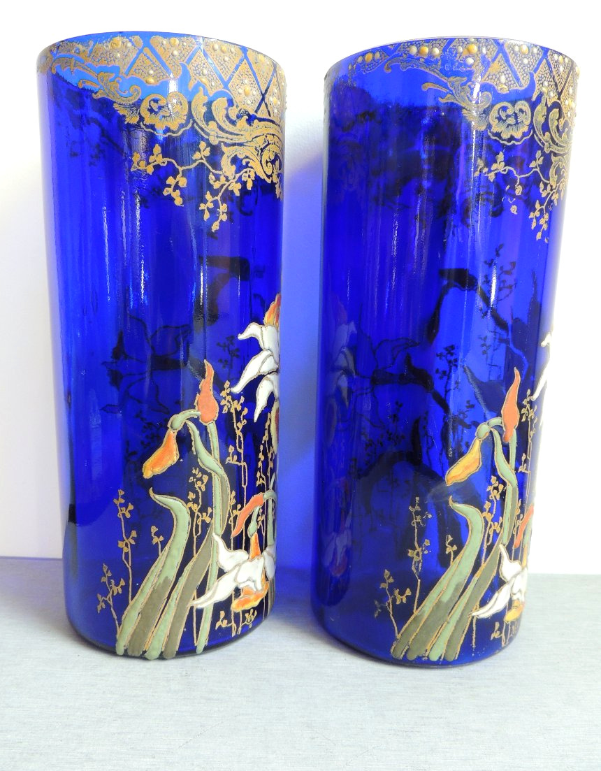 Enameled Glass Vases On A Navy Blue Background, Scroll Vases With Pearled Gilded Iris Decoration, 20th Century-photo-4