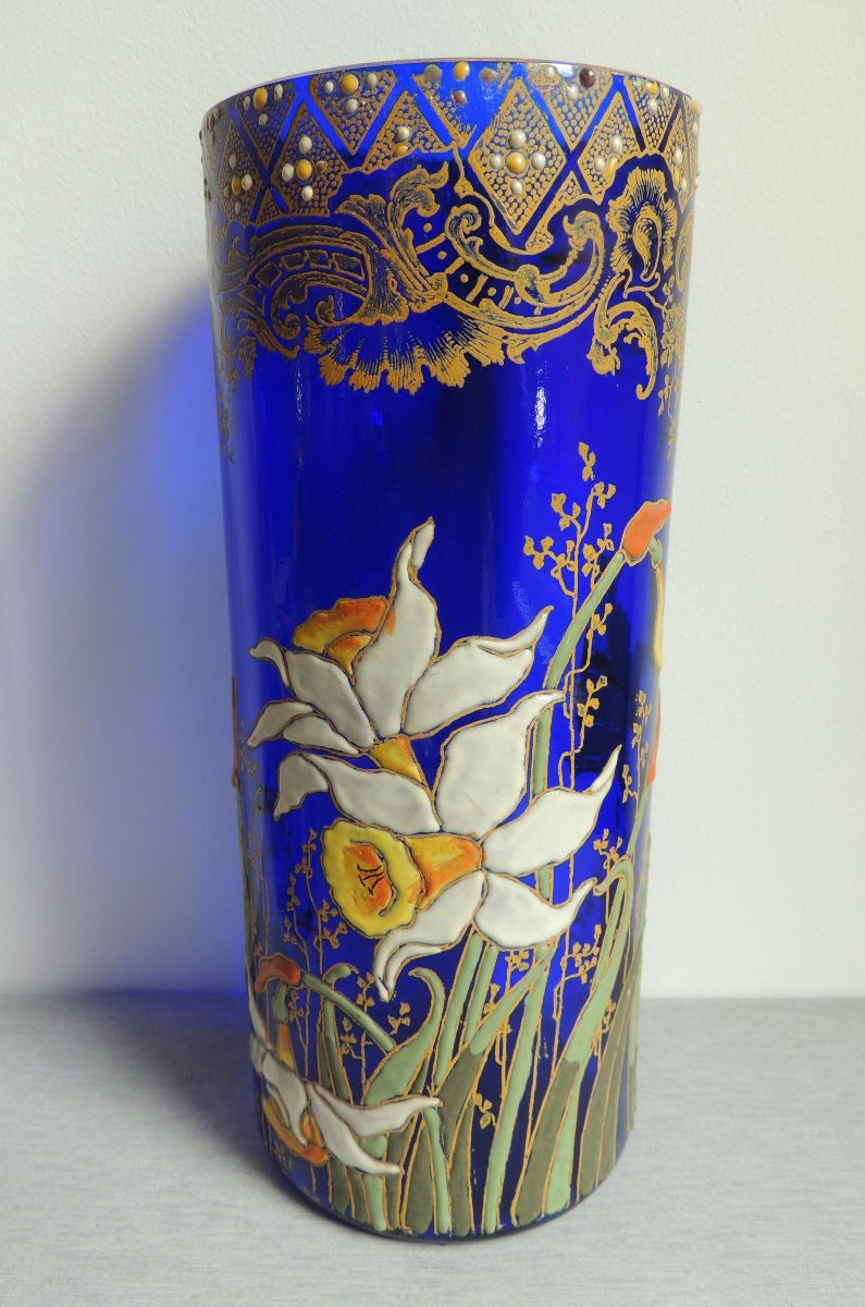 Enameled Glass Vases On A Navy Blue Background, Scroll Vases With Pearled Gilded Iris Decoration, 20th Century-photo-1