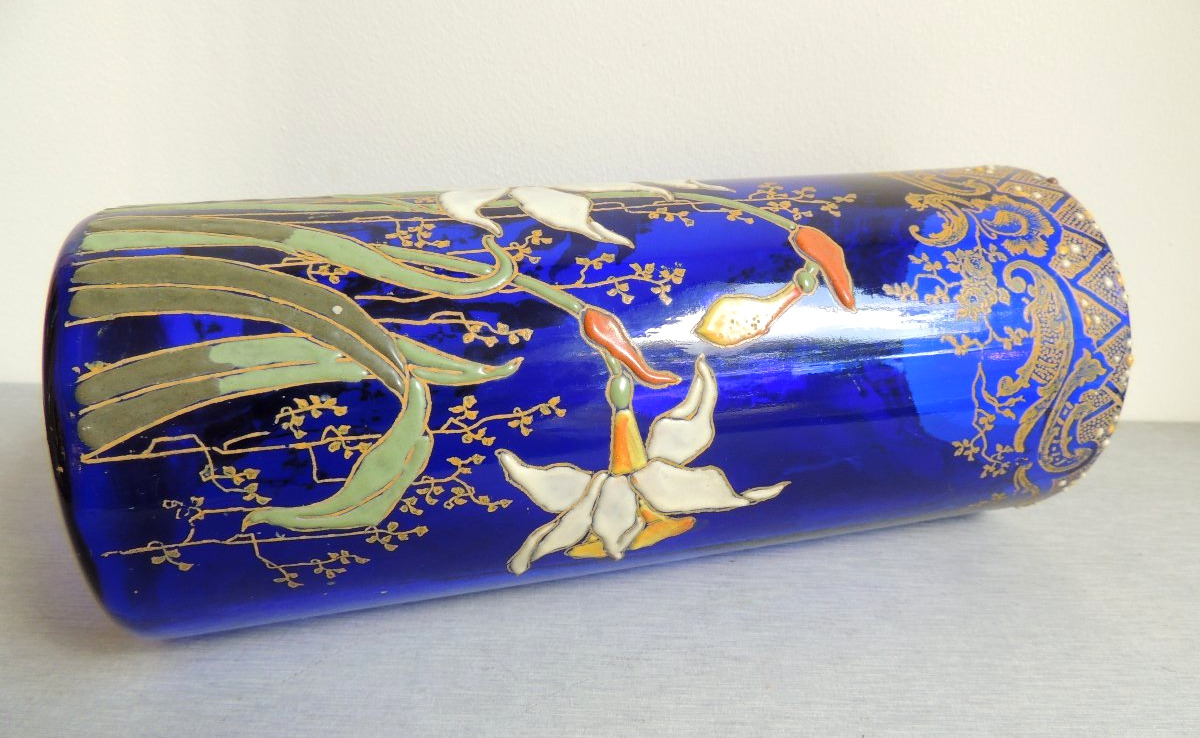 Enameled Glass Vases On A Navy Blue Background, Scroll Vases With Pearled Gilded Iris Decoration, 20th Century-photo-2
