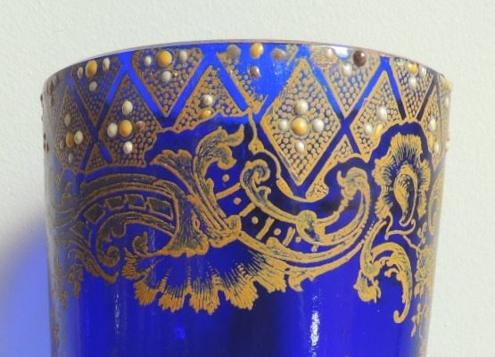 Enameled Glass Vases On A Navy Blue Background, Scroll Vases With Pearled Gilded Iris Decoration, 20th Century-photo-3