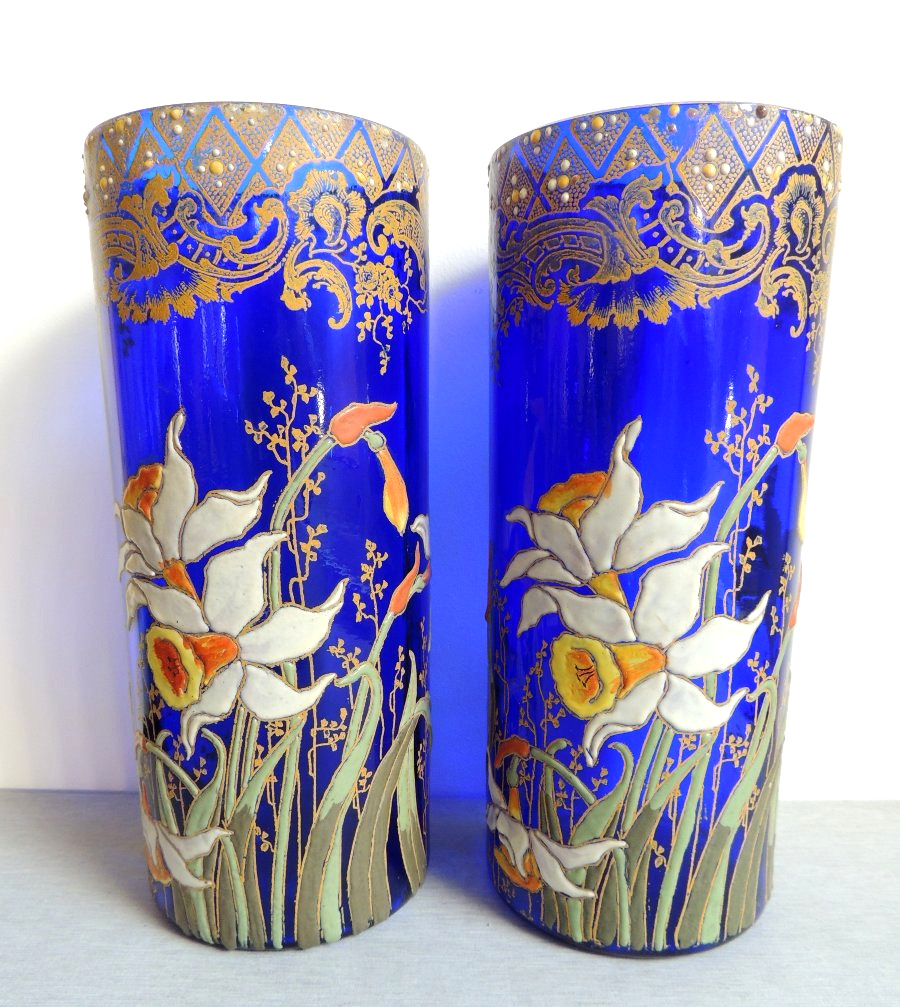 Enameled Glass Vases On A Navy Blue Background, Scroll Vases With Pearled Gilded Iris Decoration, 20th Century