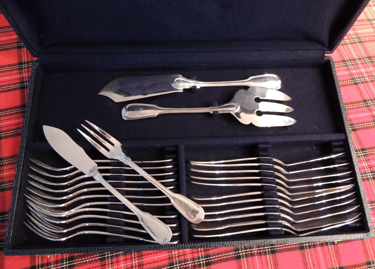 Silver-plated Menagère, Fish Service By Chambly, 26 Pieces, 20th Century