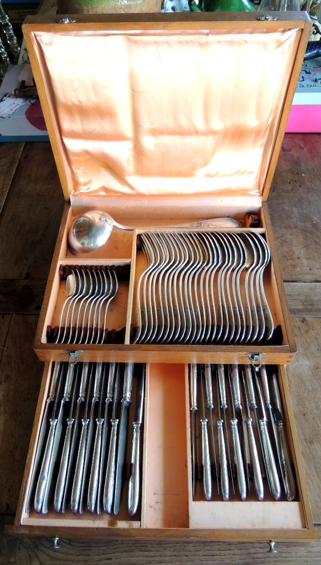 Silver-plated Household Set, Apollo House In Oak Case, 58 Pieces, 20th Century