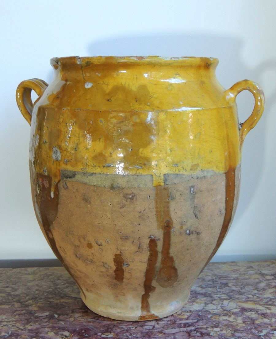 grande poterie vernissée pot à graisse ou confit , du sud ouest Marmande , art poulaire ,19 ème