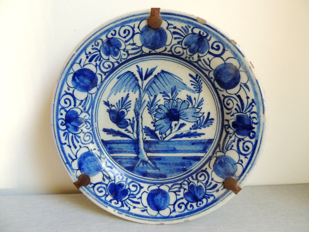 assiette en faïence de Delft , décor floral en camaïeu bleu , Hollande , 18 ème  -photo-3