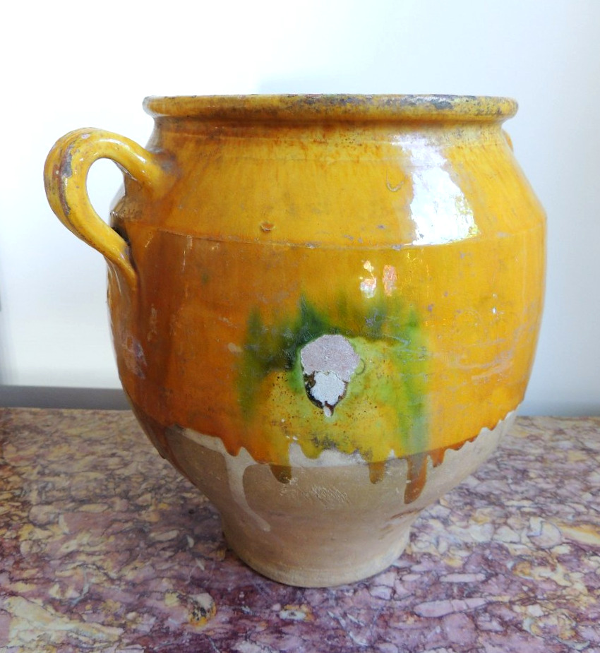 poterie vernissée du sud ouest " Marmande" , pot à graisse ou  à confit , art poulaire , 19 ème-photo-2