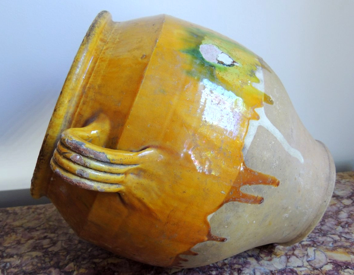 poterie vernissée du sud ouest " Marmande" , pot à graisse ou  à confit , art poulaire , 19 ème-photo-3