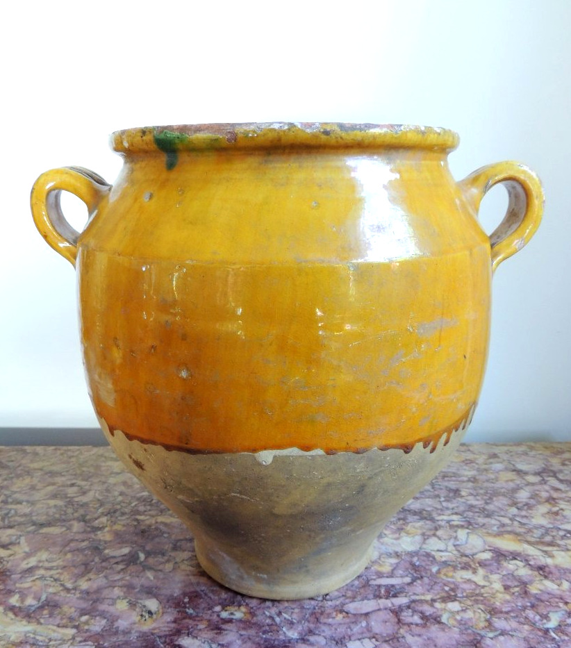 poterie vernissée du sud ouest " Marmande" , pot à graisse ou  à confit , art poulaire , 19 ème-photo-1