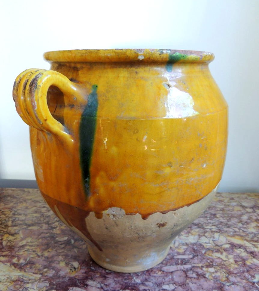 poterie vernissée du sud ouest " Marmande" , pot à graisse ou  à confit , art poulaire , 19 ème-photo-2