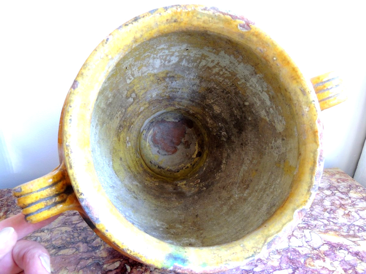 poterie vernissée du sud ouest " Marmande" , pot à graisse ou  à confit , art poulaire , 19 ème-photo-4