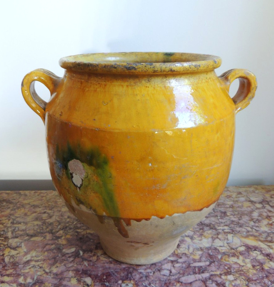 poterie vernissée du sud ouest " Marmande" , pot à graisse ou  à confit , art poulaire , 19 ème