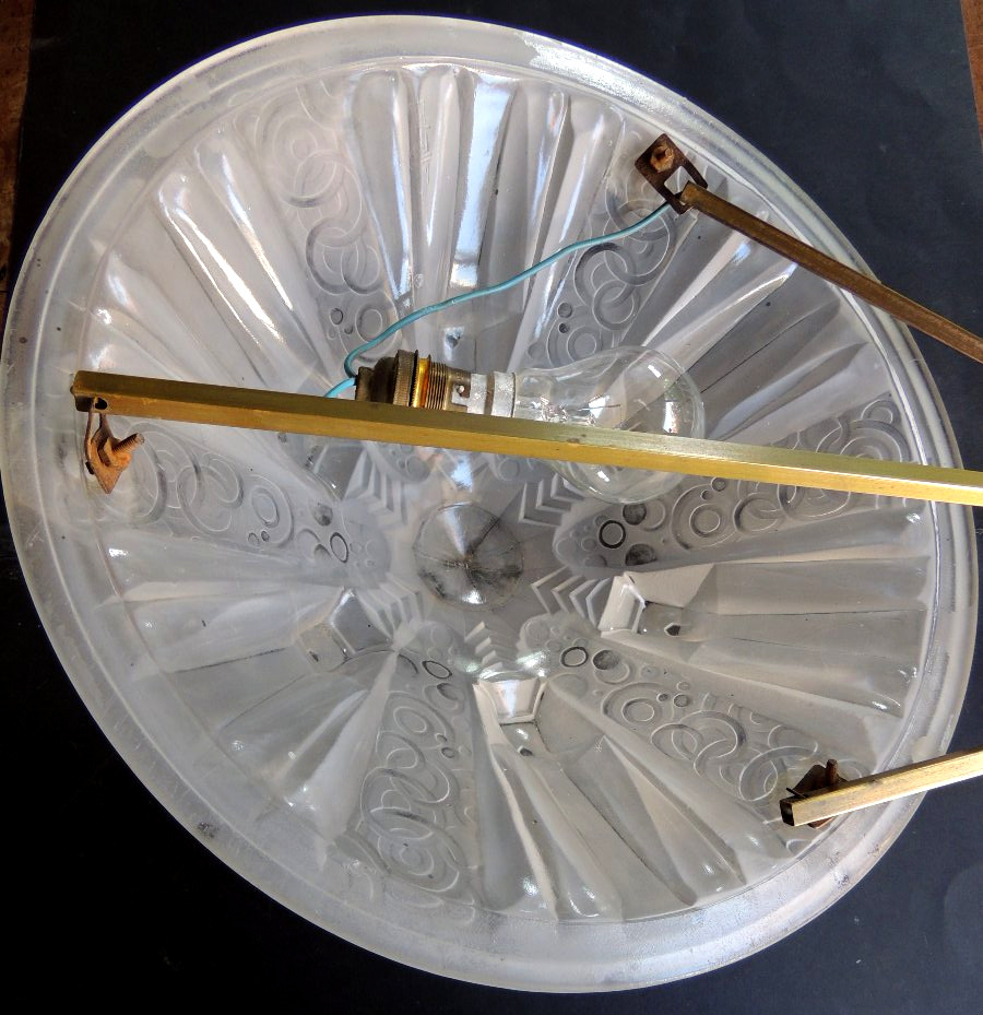 Muller Lunéville Brothers' Pendant Lamp In Frosted Pressed-molded Glass, Art, 20th Century-photo-2