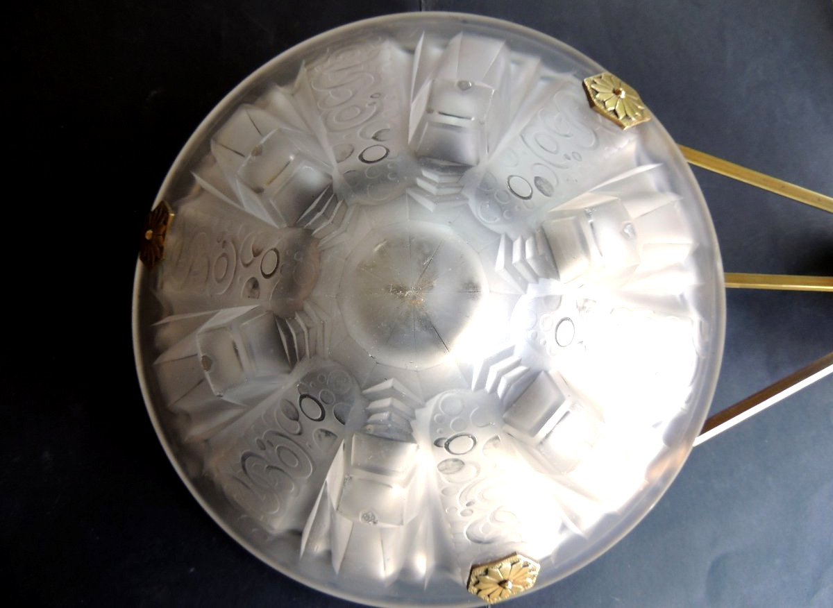 Muller Lunéville Brothers' Pendant Lamp In Frosted Pressed-molded Glass, Art, 20th Century