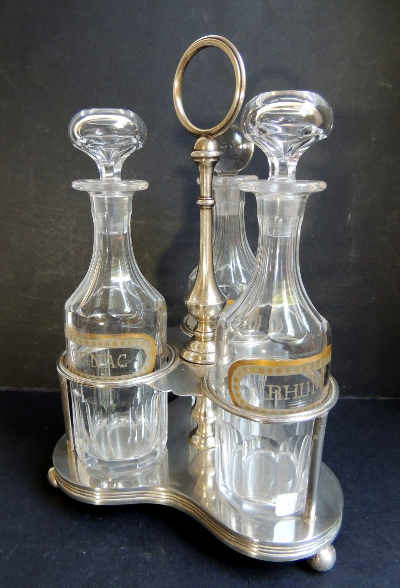 Cognac, Rum, And Kirsch Serving Set In Crystal Decanters On A Silver-plated Metal Stand, 19th Century-photo-2