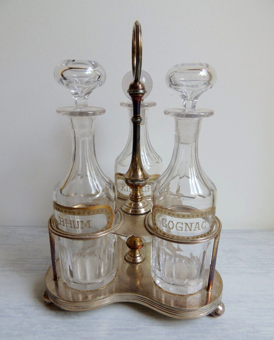 Cognac, Rum, And Kirsch Serving Set In Crystal Decanters On A Silver-plated Metal Stand, 19th Century-photo-3