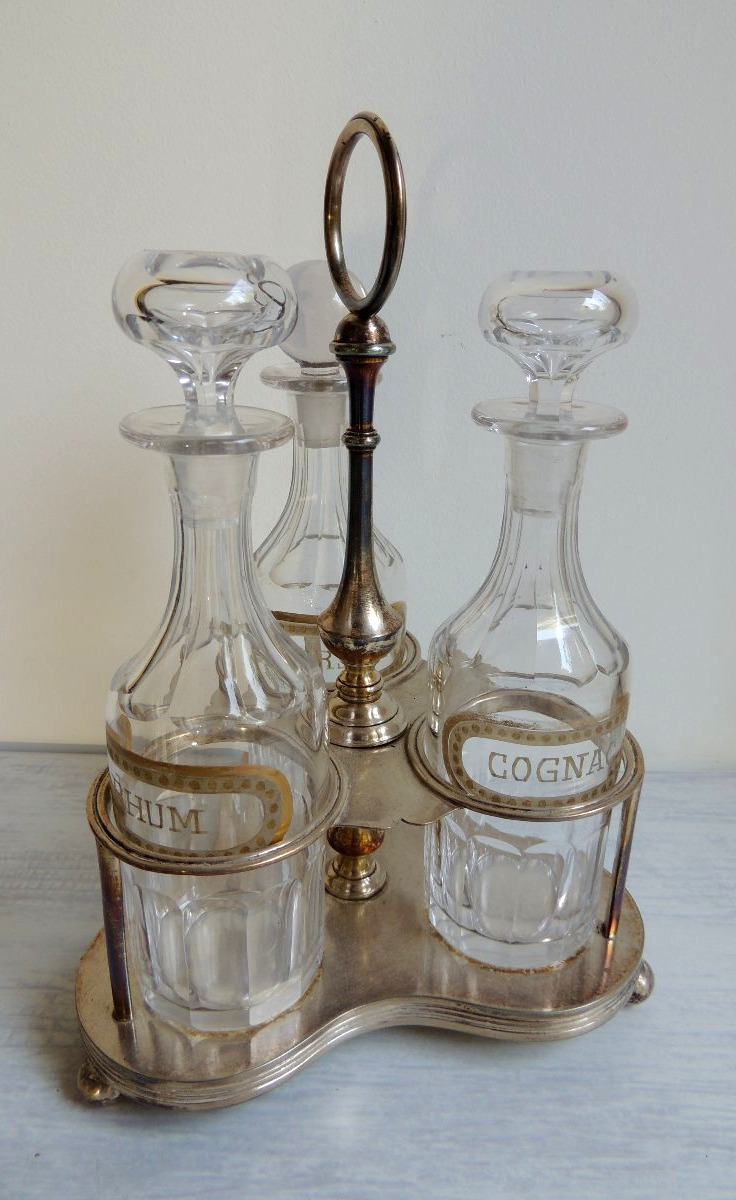 Cognac, Rum, And Kirsch Serving Set In Crystal Decanters On A Silver-plated Metal Stand, 19th Century-photo-4