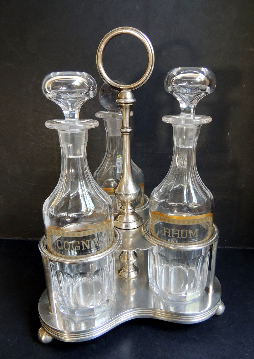Cognac, Rum, And Kirsch Serving Set In Crystal Decanters On A Silver-plated Metal Stand, 19th Century