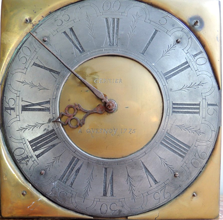 mouvement d'horloge de pendule , cadran en étain et plaques de laiton corniche d'anges , 18 ème-photo-4