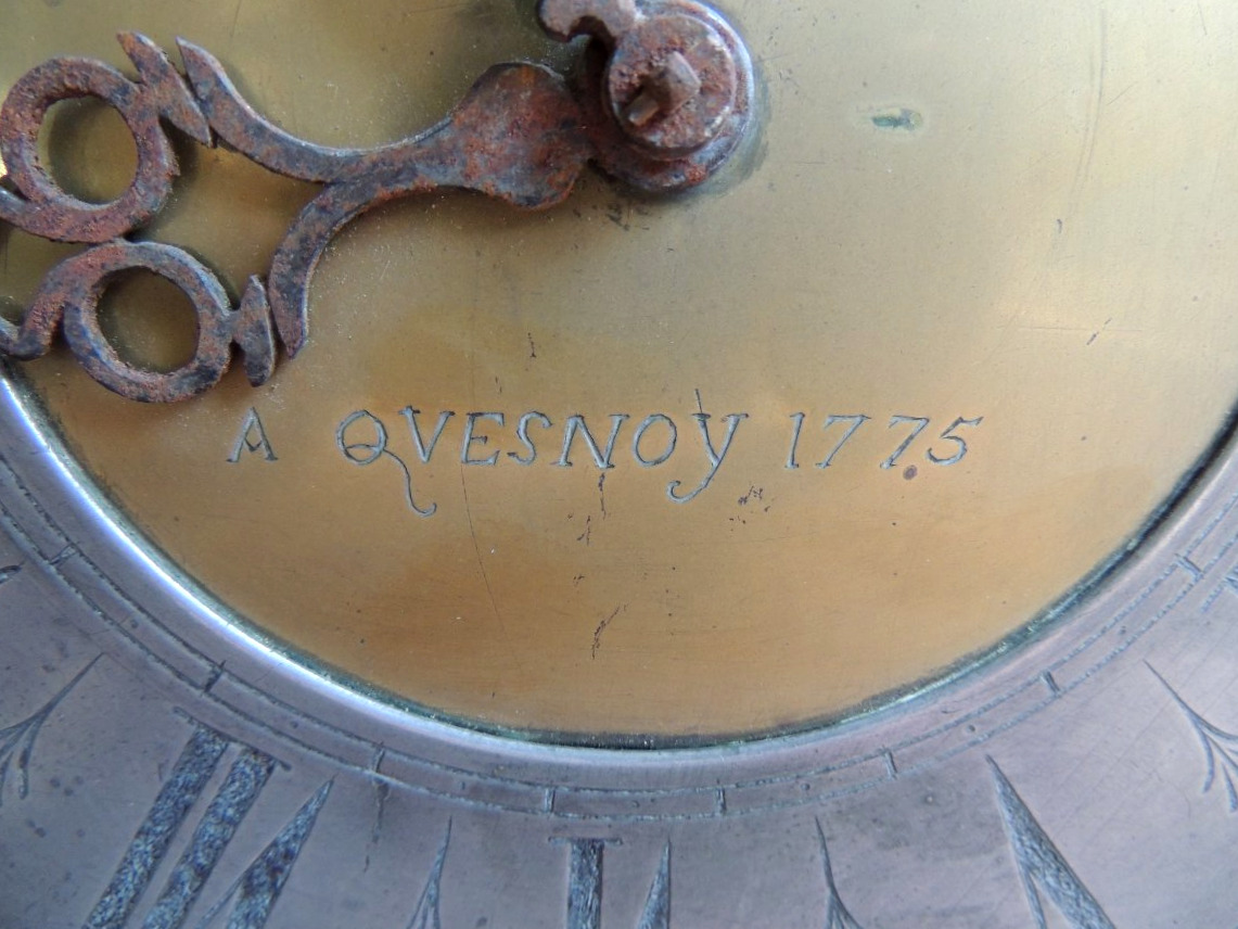 mouvement d'horloge de pendule , cadran en étain et plaques de laiton corniche d'anges , 18 ème-photo-5