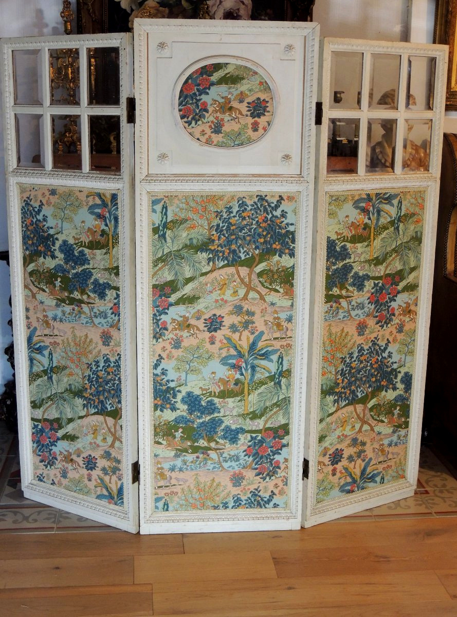 Three-panel Painted Wooden Screen, Asian Motifs, Turkish Falconers On Horseback, 19th Century-photo-2