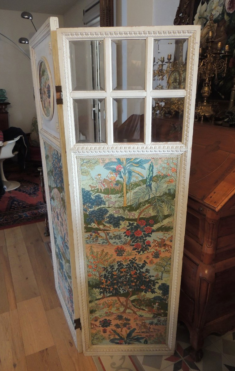 Three-panel Painted Wooden Screen, Asian Motifs, Turkish Falconers On Horseback, 19th Century-photo-1