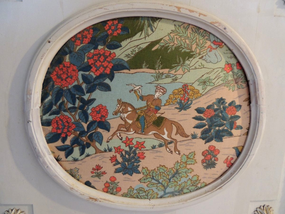 Three-panel Painted Wooden Screen, Asian Motifs, Turkish Falconers On Horseback, 19th Century-photo-4