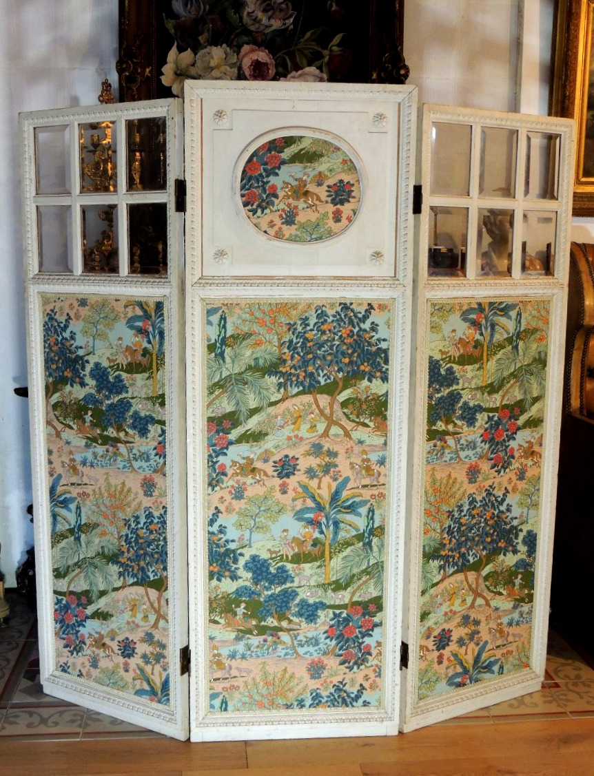 Three-panel Painted Wooden Screen, Asian Motifs, Turkish Falconers On Horseback, 19th Century