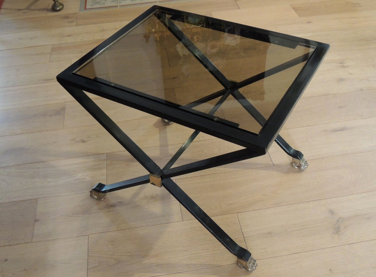 Black Lacquered Coffee Table, Bagues Brand End Table, Brown Glass Top, 20th-photo-2