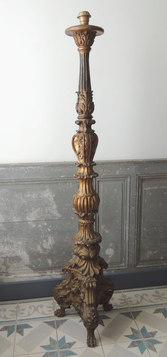Gilded Wooden Candlestick Converted Into A 1.40-meter-tall Floor Lamp, Transition Style, 18th Century -photo-2