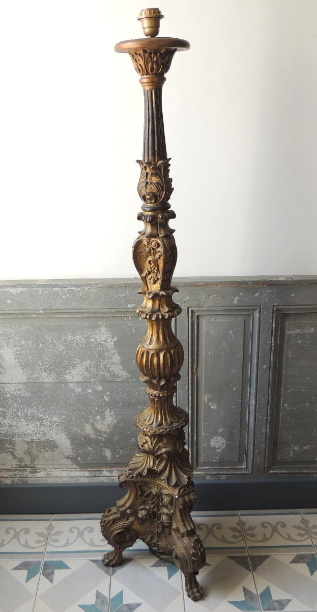 Gilded Wooden Candlestick Converted Into A 1.40-meter-tall Floor Lamp, Transition Style, 18th Century -photo-3