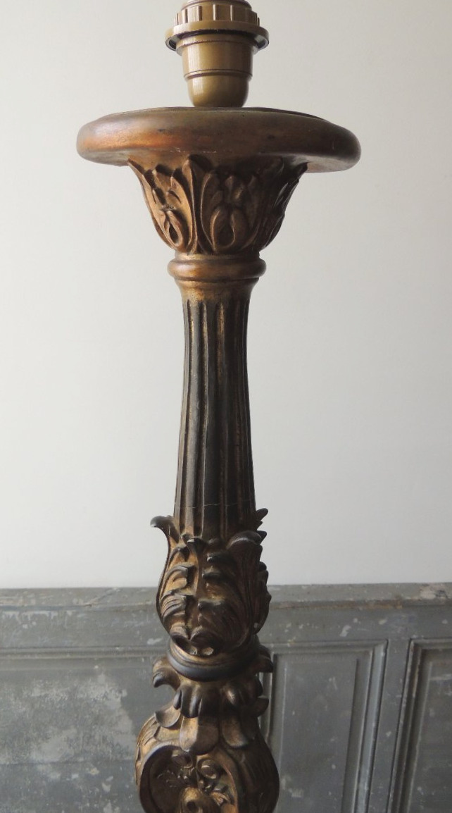 Gilded Wooden Candlestick Converted Into A 1.40-meter-tall Floor Lamp, Transition Style, 18th Century -photo-5