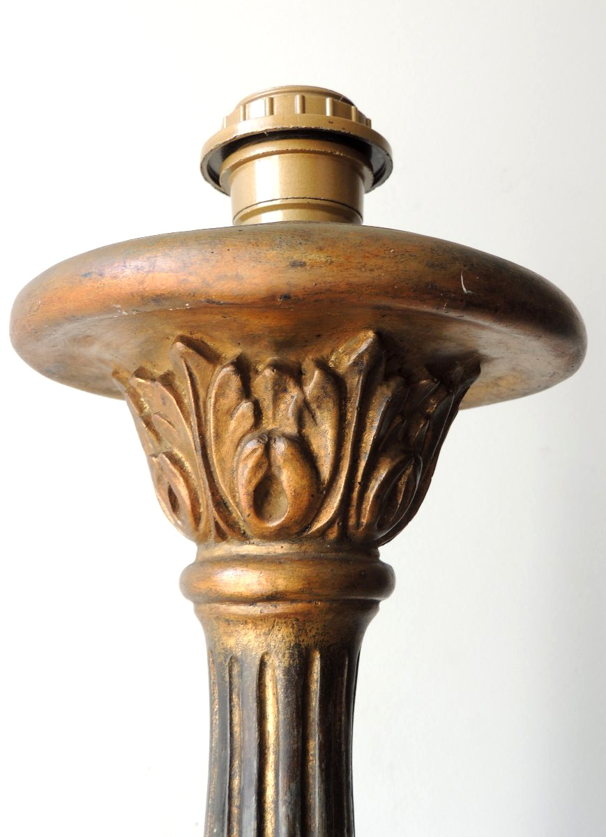 Gilded Wooden Candlestick Converted Into A 1.40-meter-tall Floor Lamp, Transition Style, 18th Century -photo-6