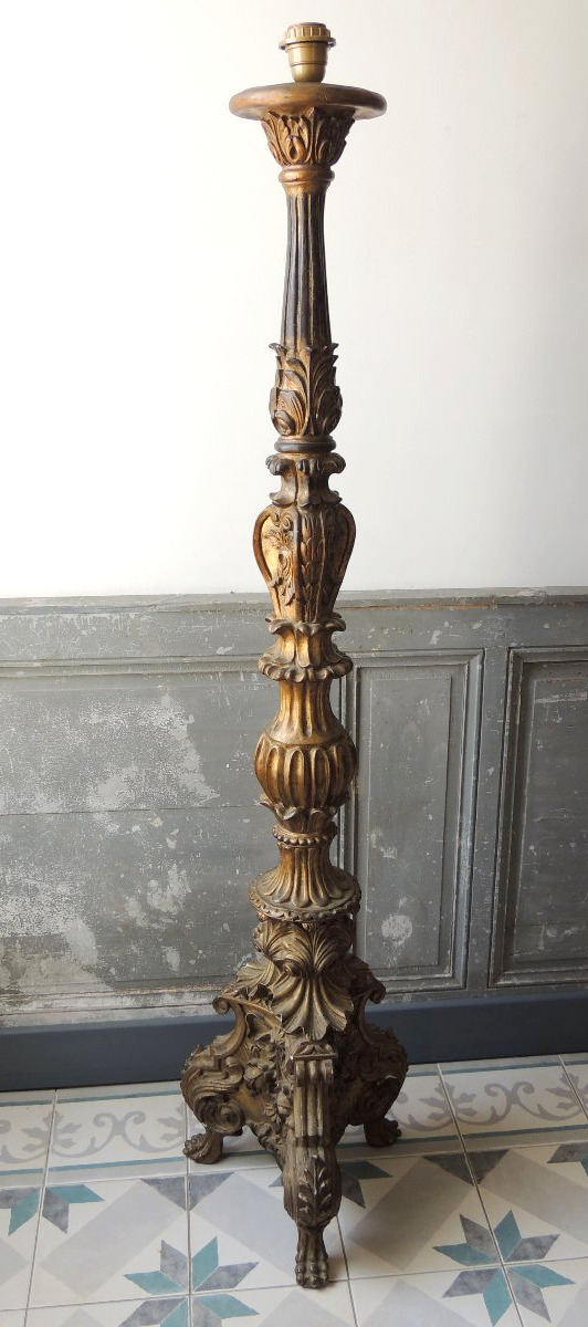 Gilded Wooden Candlestick Converted Into A 1.40-meter-tall Floor Lamp, Transition Style, 18th Century 