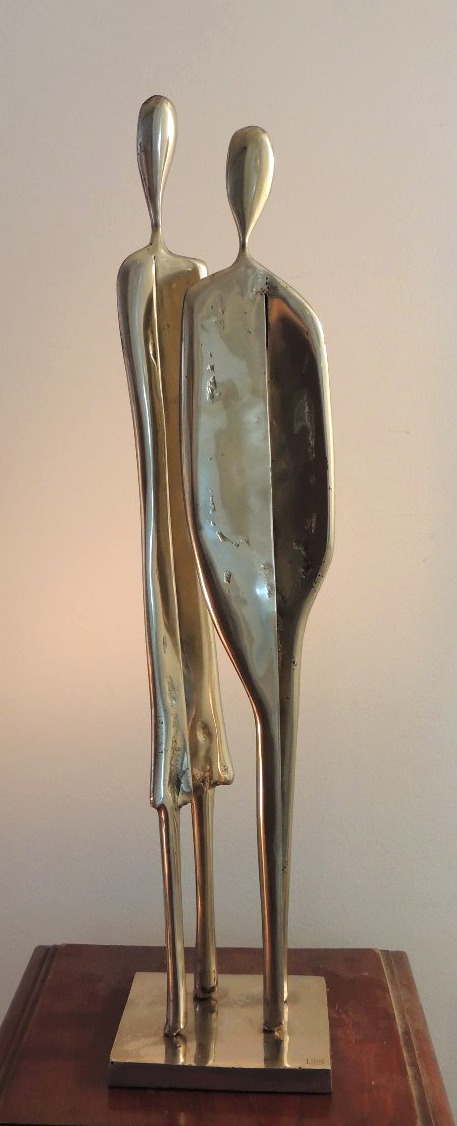 Large Sculpture By Artist Yves Lohé, In Bronze With A Silver Patina; A Slender Couple; 20th Century-photo-2
