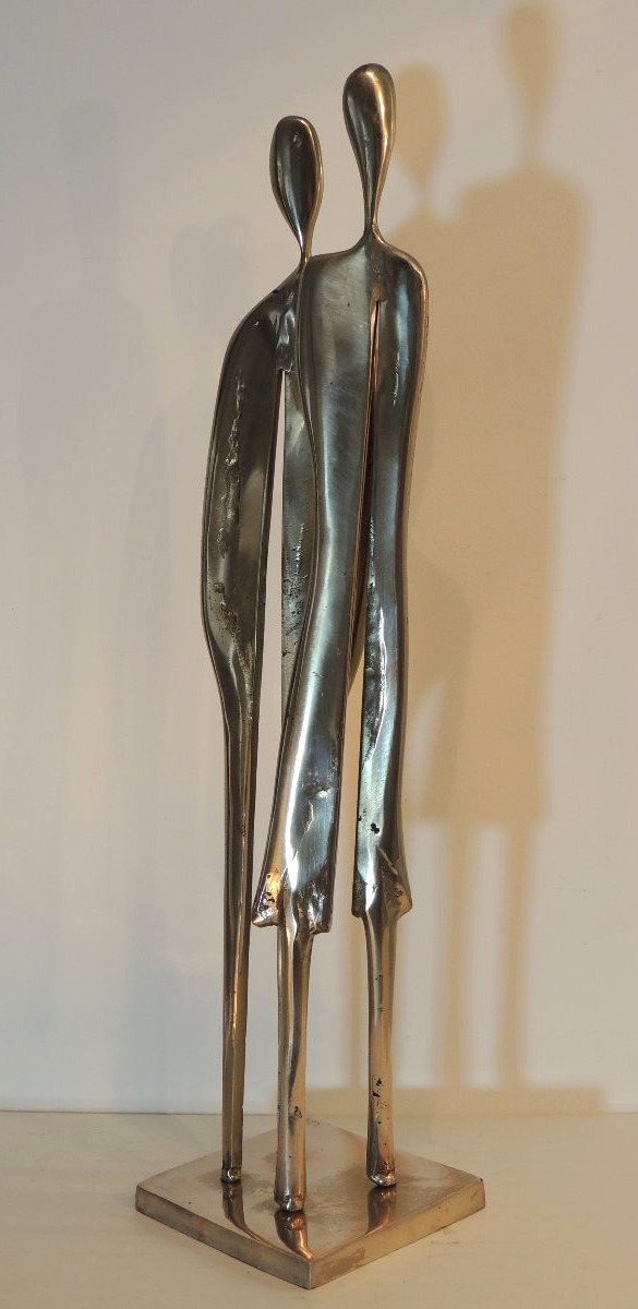 Large Sculpture By Artist Yves Lohé, In Bronze With A Silver Patina; A Slender Couple; 20th Century-photo-3