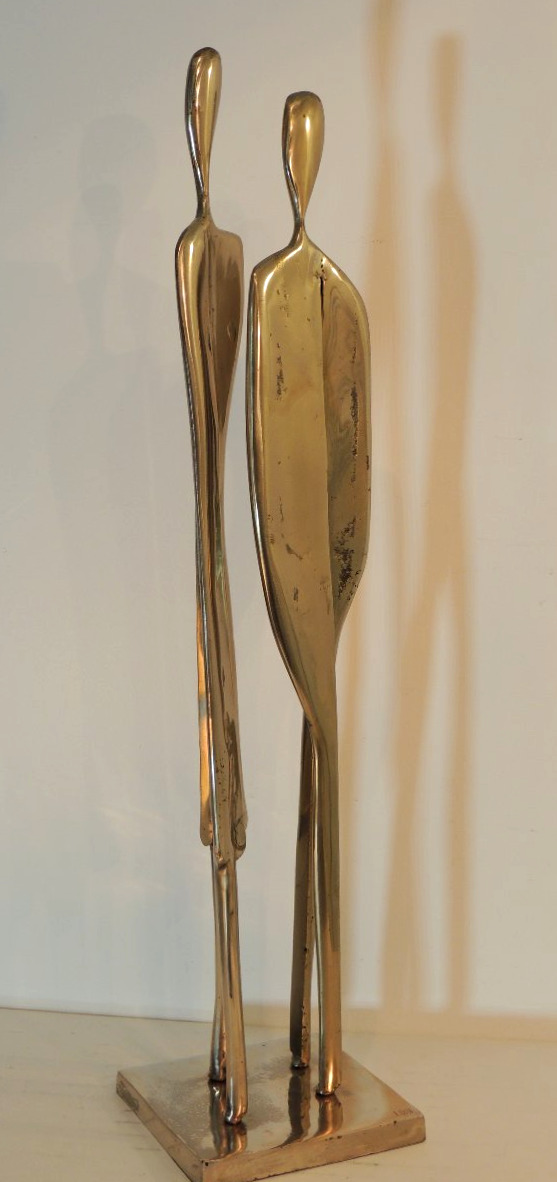 Large Sculpture By Artist Yves Lohé, In Bronze With A Silver Patina; A Slender Couple; 20th Century-photo-4