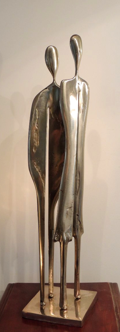 Large Sculpture By Artist Yves Lohé, In Bronze With A Silver Patina; A Slender Couple; 20th Century-photo-1