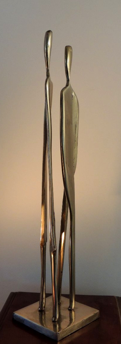 Large Sculpture By Artist Yves Lohé, In Bronze With A Silver Patina; A Slender Couple; 20th Century-photo-2
