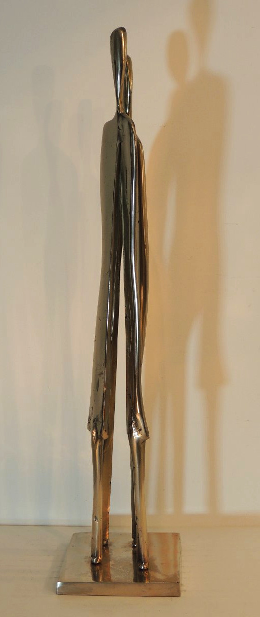 Large Sculpture By Artist Yves Lohé, In Bronze With A Silver Patina; A Slender Couple; 20th Century-photo-3