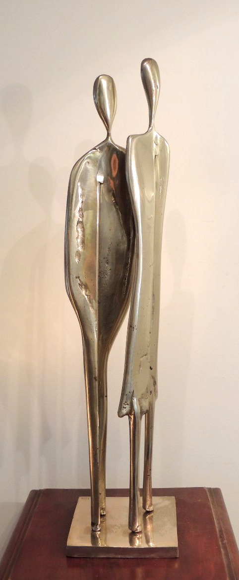 Large Sculpture By Artist Yves Lohé, In Bronze With A Silver Patina; A Slender Couple; 20th Century-photo-4