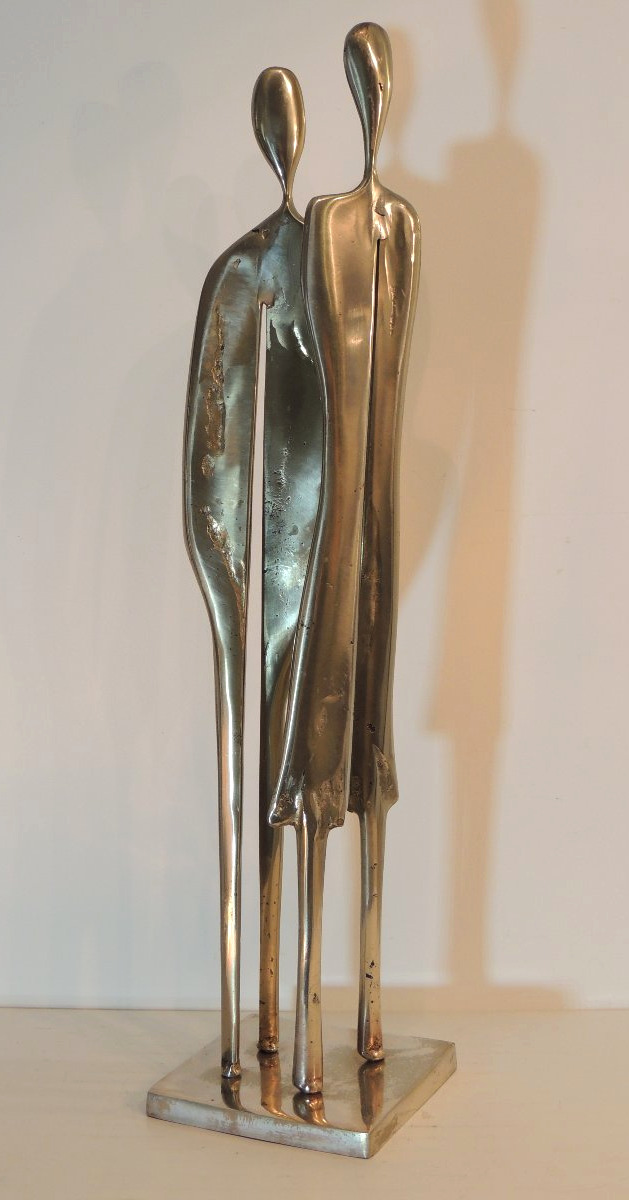 Large Sculpture By Artist Yves Lohé, In Bronze With A Silver Patina; A Slender Couple; 20th Century